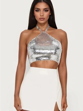 Fashion Nova Silver Sequin Halter Crop Top